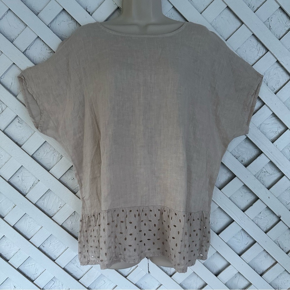 Spazio Chic Lagenlook Top Minimalist Neutral 100% Linen Eyelet Large